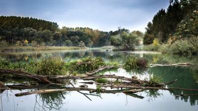 Slack water in flooded river